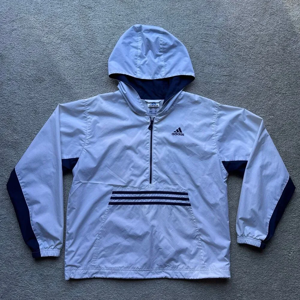 Vintage White Navy Striped Adidas Quarter Zip Windbreaker Jacket